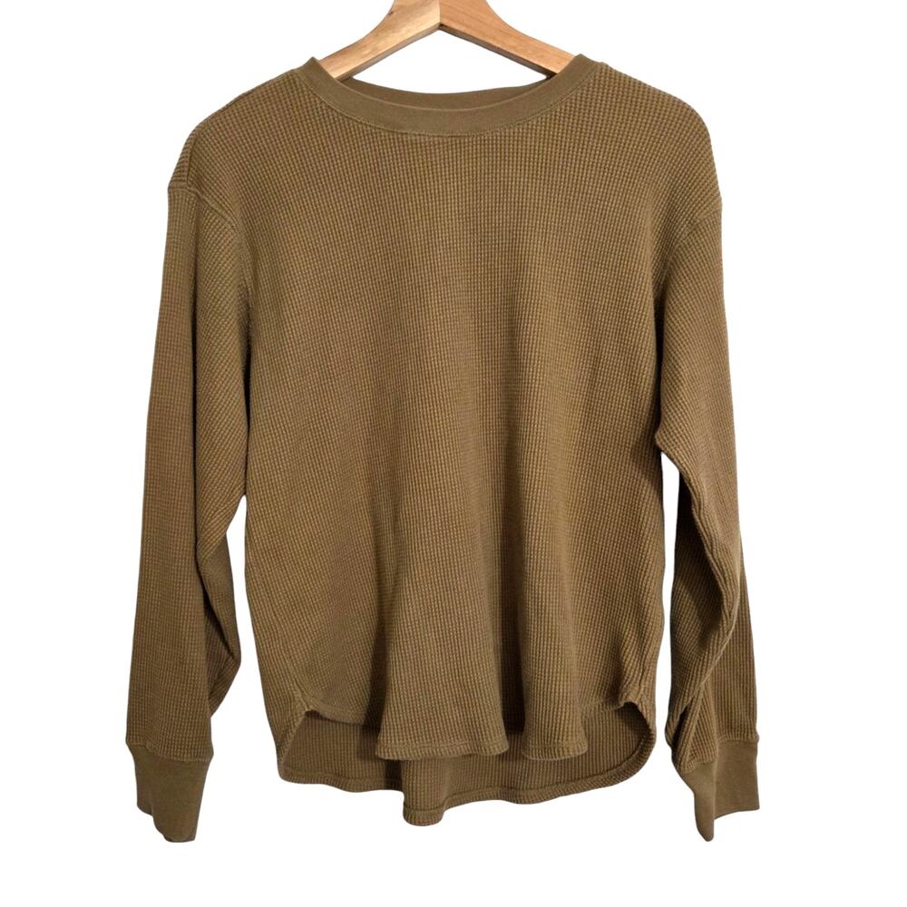 Uniqlo Women's Rounded Hem Waffle Knit Long Sleeve Tshirt Brown Neutral SMALL